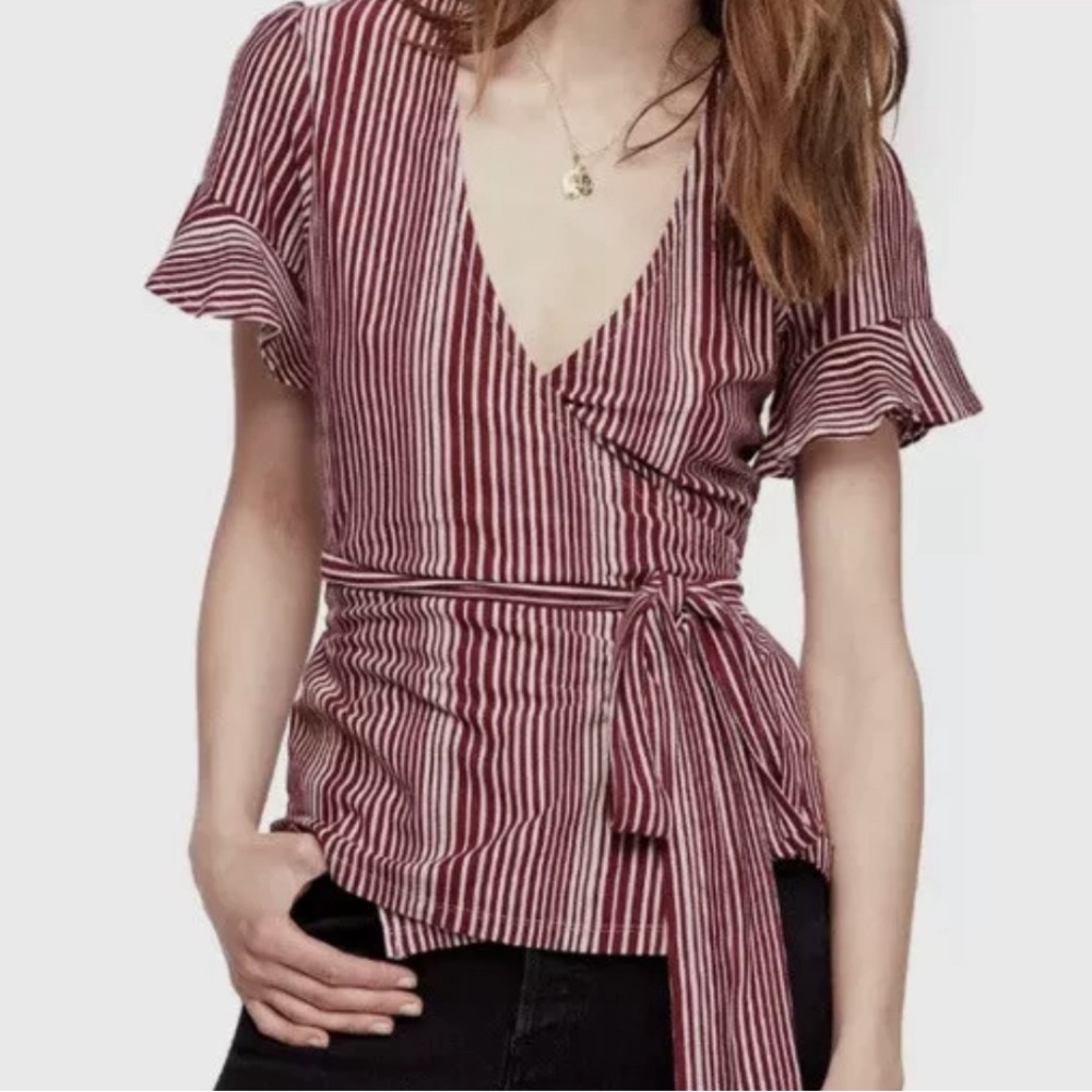 Free People Wrapped Around My Finger Wrap Tie Stripe Wine Maroon Top - Small